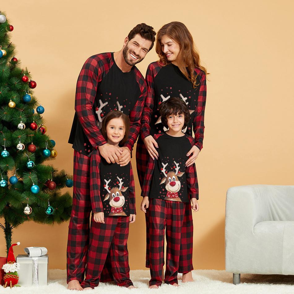 Sale！Christmas Cartoon Deer Patterned Contrast top and Plaid Pants Family Matching Pajamas Set 707