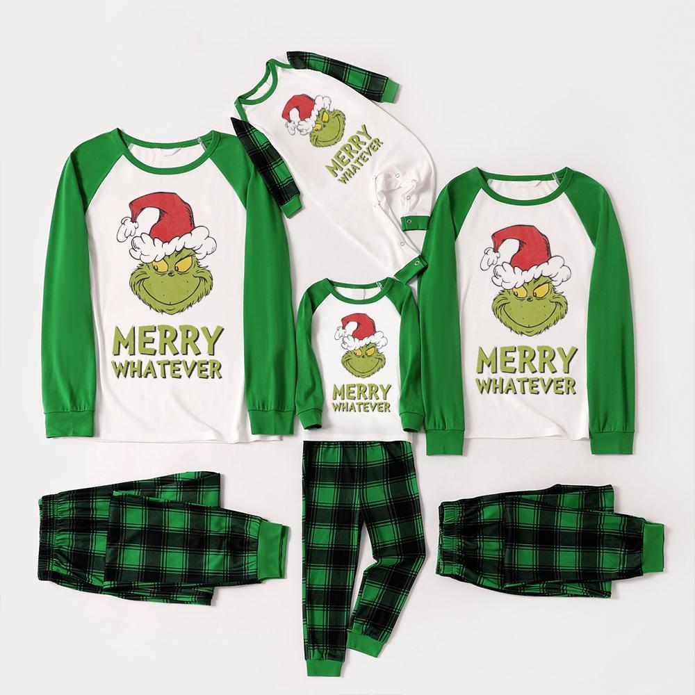 Christmas Grinch and 'Merry Whatever' Letter Print Family Matching Raglan Long-sleeve Pajamas Sets