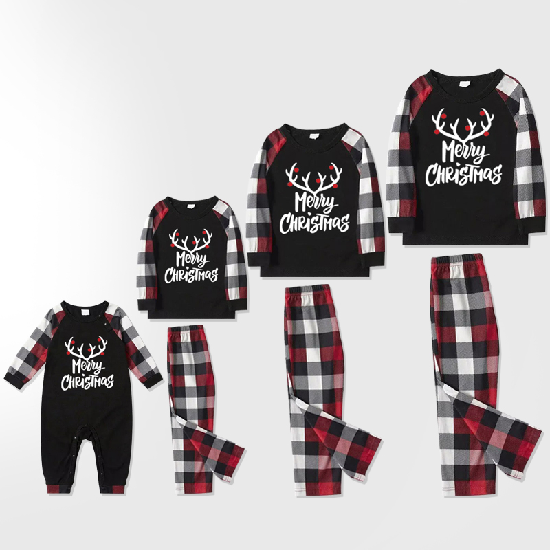 Merry Christmas Matching Family Pajamas Deer Print Black White Plaids Pajamas Set 2022