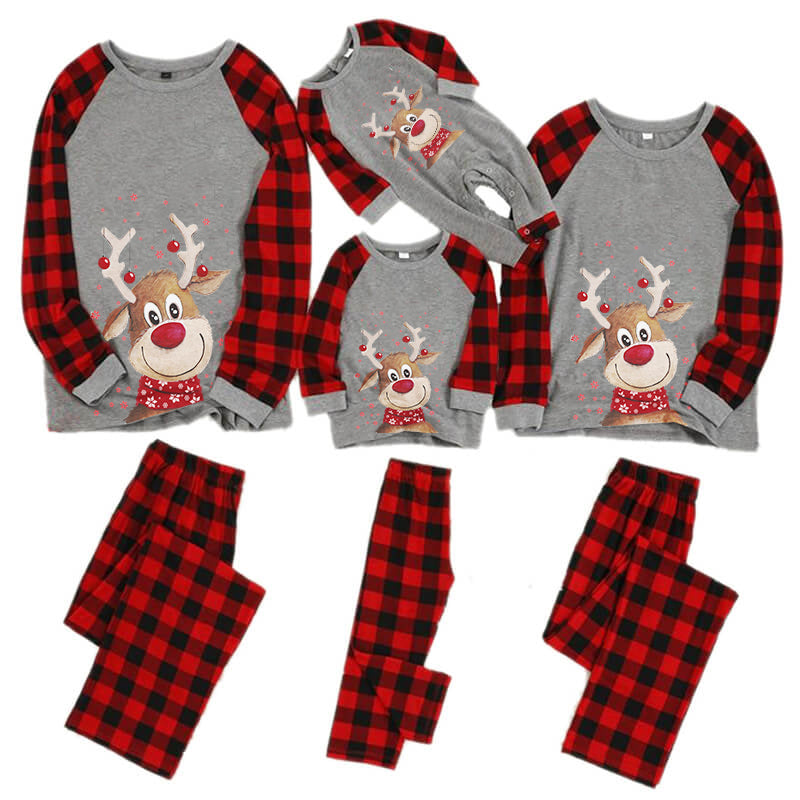 Christmas Cartoon Deer Contrast top and Plaid Pants Family Matching Pajamas Set With Dog Bandana