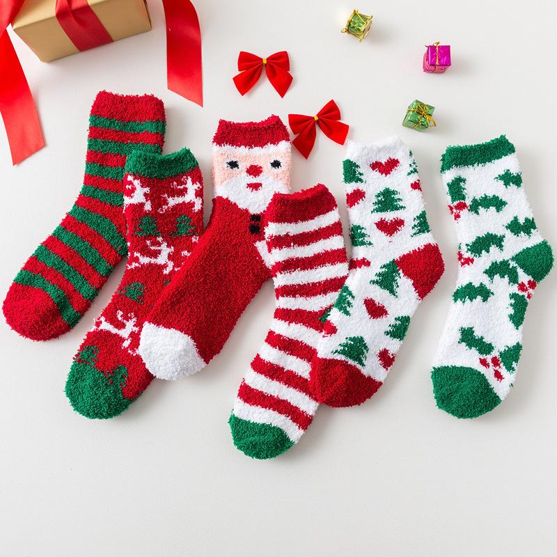 Elk Santa Snowman Snowflake Tree Striped Belt Print Christmas Socks Fall Winter Ladies Thick Coral Velvet Socks 2 Pairs