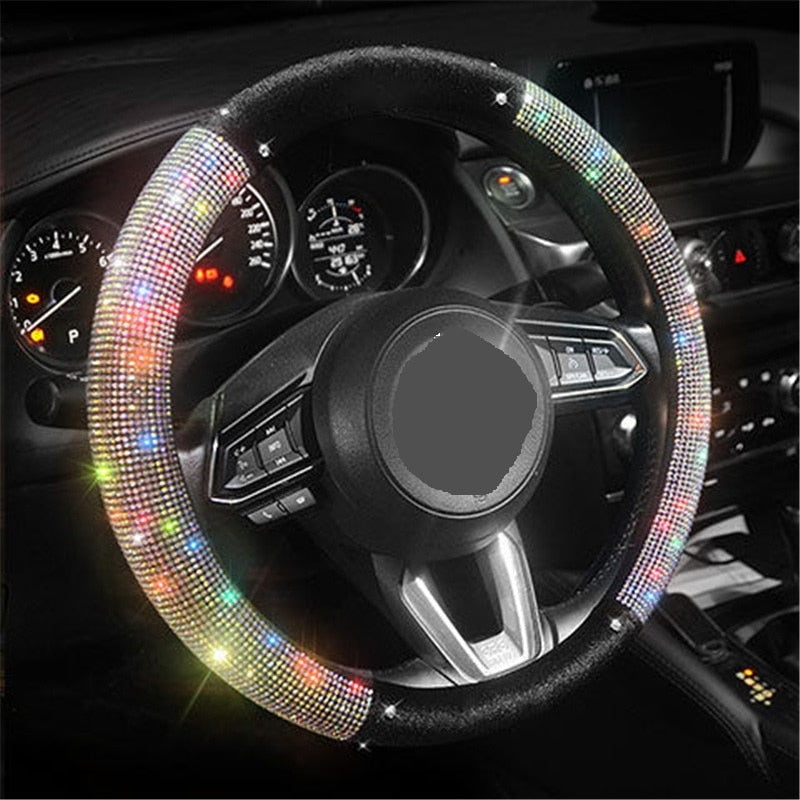 Motocovers New Car Steering Wheel Covers Bling Diamond AntiSlip Suede Steering wheel Cover Universal Protective cover 38CM Pink