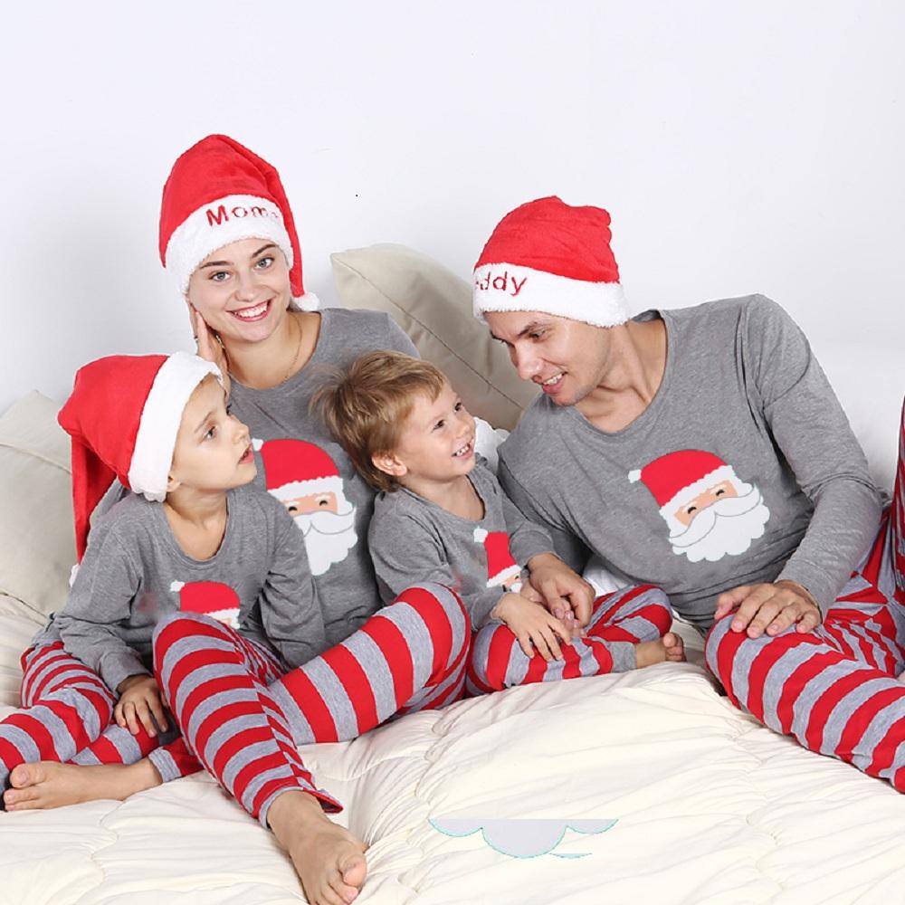 Sale！Christmas Happy Santa Claus Print Long-sleeve Top and Striped Pants Family Matching Pajamas Set  8841