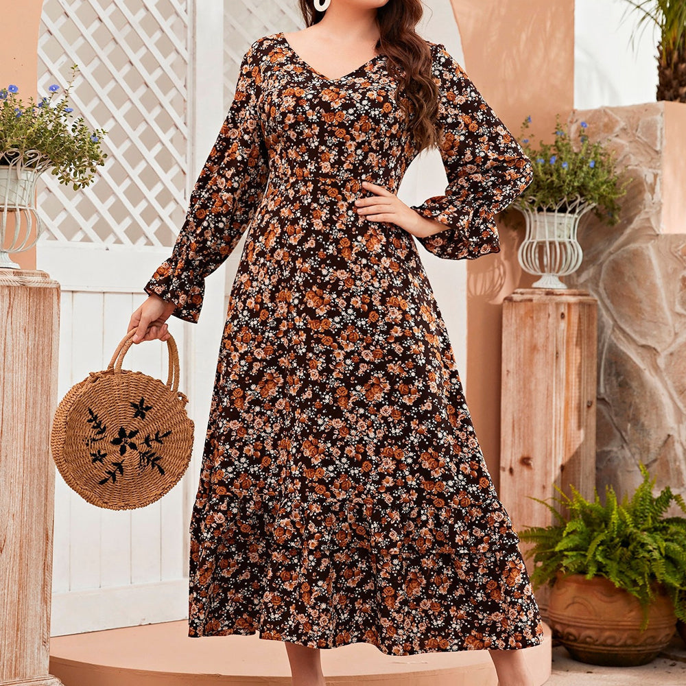 Women Spring/Fall Plus Size Floral Print V-Neck High Waist Long Sleeve Dress JM1069