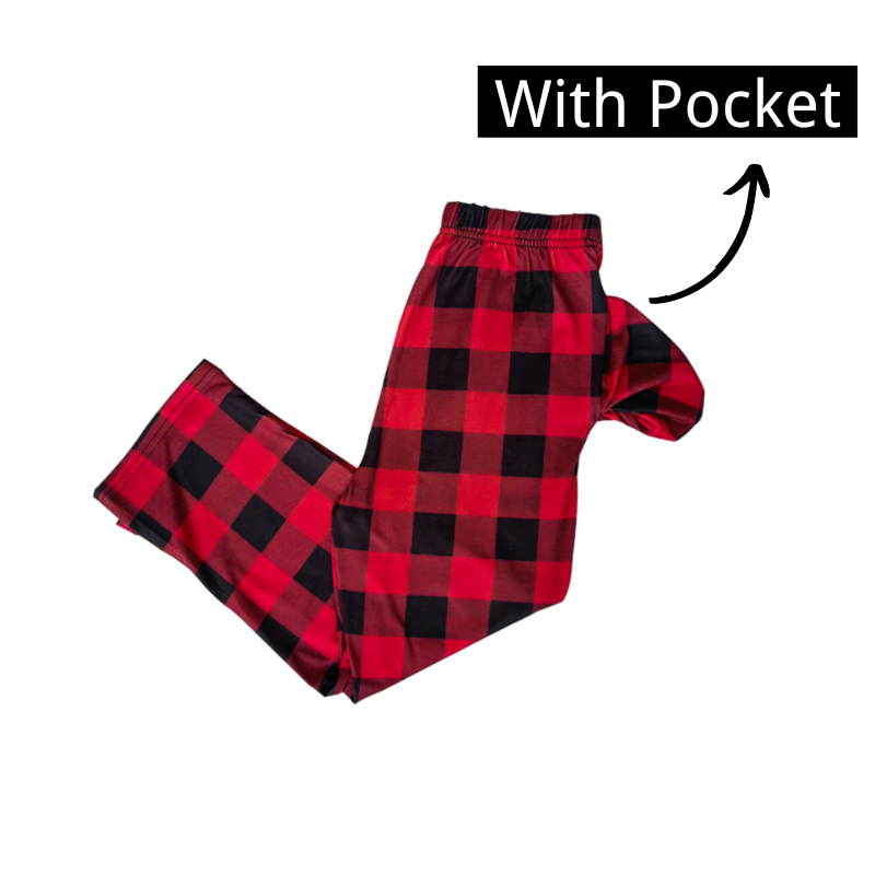 Christmas 'What Up' Letter Print Contrast Black Top and Black & Red Plaid Pants Family Matching Pajamas Set With Dog Bandana