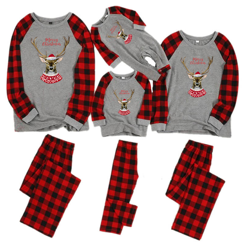 Sale！Merry Christmas ELK Contrast top and Plaid Pants Family Matching Pajamas Set 712