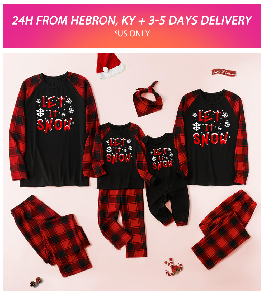 Let It Snow Snowflake Grey Top With Black&Red Plaid Pants Matching Pajamas with Dog