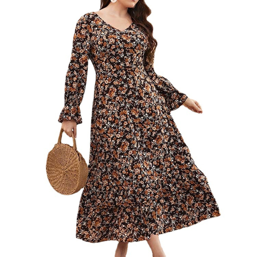 Women Spring/Fall Plus Size Floral Print V-Neck High Waist Long Sleeve Dress JM1069