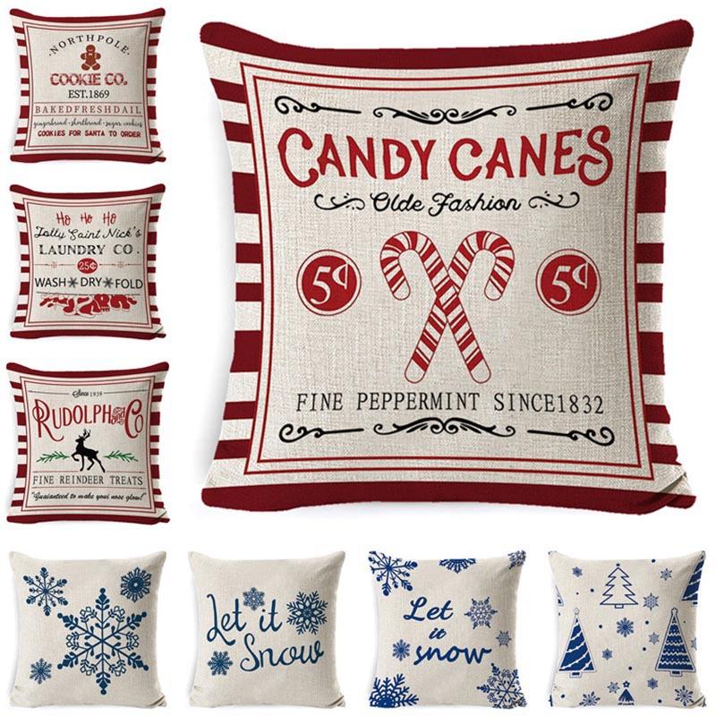 Christmas Elk Snowflake Tree Cane Antlers Plaid Red Blue Printed Pillow Cover BZ0988