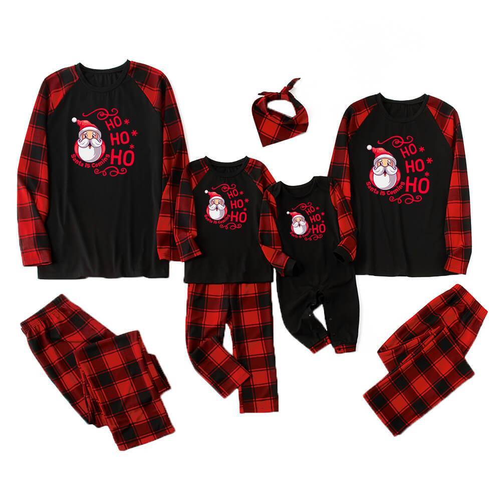 Sale！Christmas Santa HOHOHO Raglan Long-Sleeve Black Top with Plaid Pants JJF2112