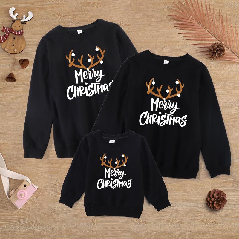 Christmas 100% Cotton Antlers and Letter Print Family Matching Long-sleeve Sweatshirts