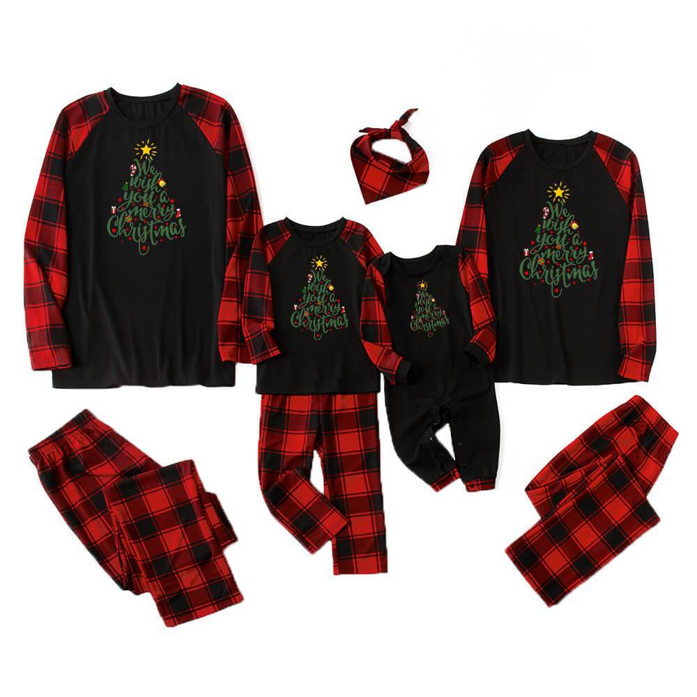 Christmas Tree Raglan Long-Sleeve Black Top with Plaid Pants JJF2113