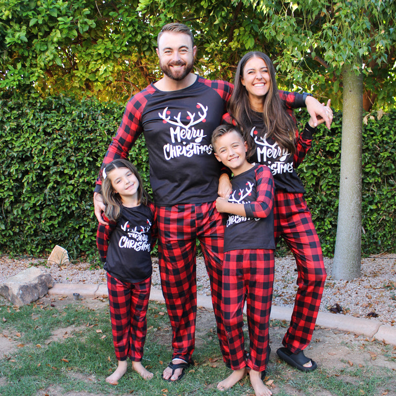 Merry Christmas Antler Contrast top and Plaid Pants Family Matching Pajamas Set 8873
