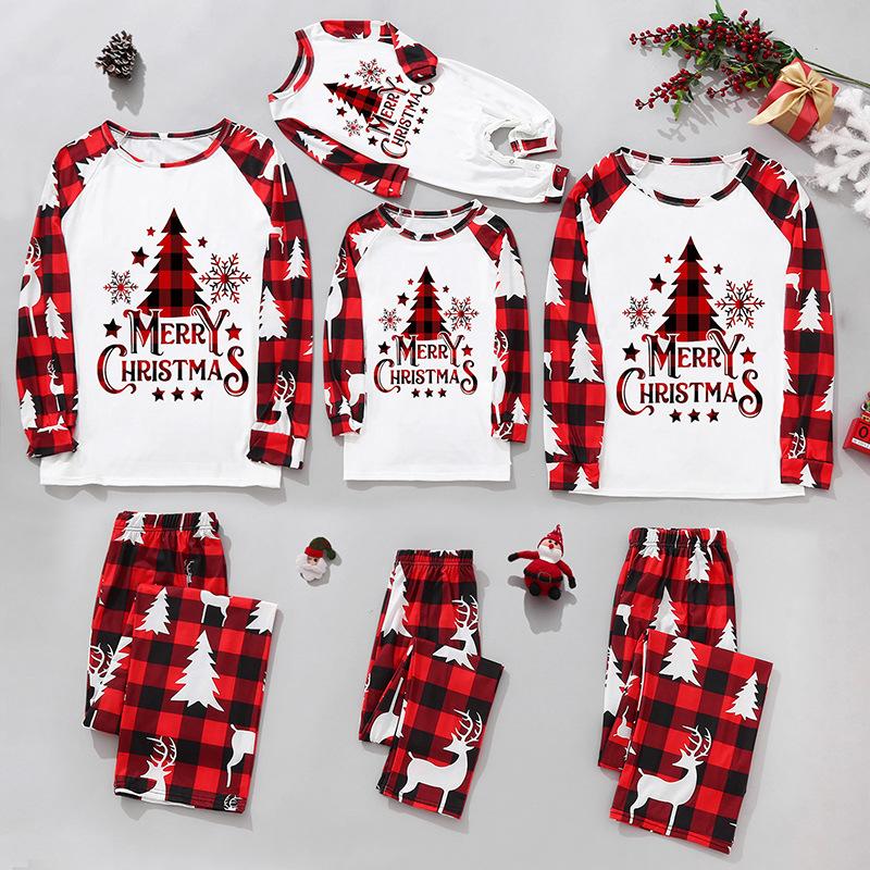 Sale!Merry Christmas Letter Raglan Long-Sleeve Top with Plaid Pants Family Matching Pajamas JJF32