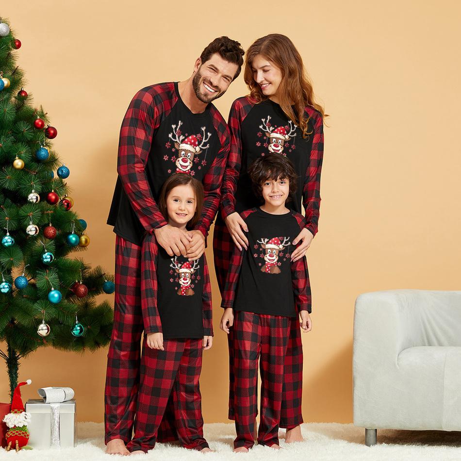 Sale！Cartoon Deer Contrast top and Plaid Pants Family Matching Pajamas Set in Black 710