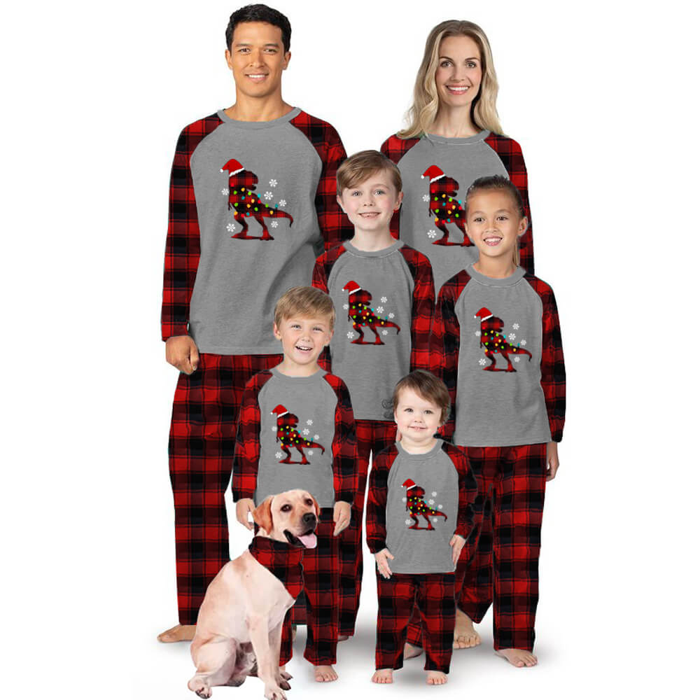 Sale！Merry Christmas Red Hat Dinosaur Grey Top With Black&Red Plaid Pants Matching Pajamas With Dog Bandana