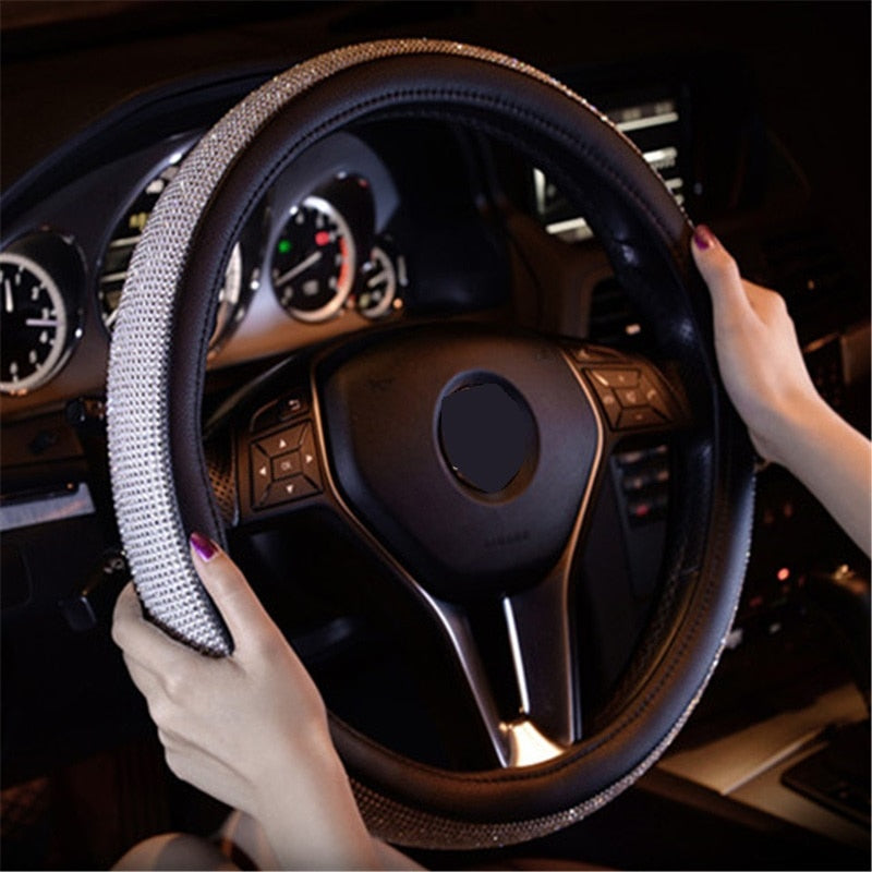 Motocovers New Car Steering Wheel Covers Bling Diamond AntiSlip Suede Steering wheel Cover Universal Protective cover 38CM Pink