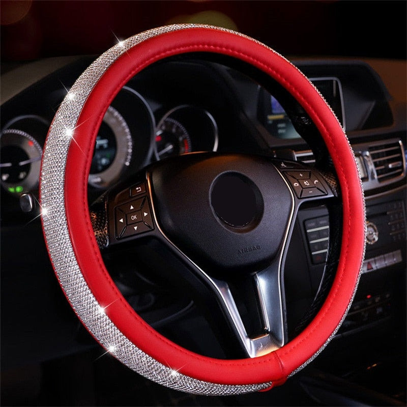 Motocovers New Car Steering Wheel Covers Bling Diamond AntiSlip Suede Steering wheel Cover Universal Protective cover 38CM Pink
