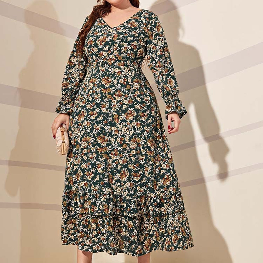 Women Spring/Fall Plus Size Floral Print V-Neck High Waist Long Sleeve Dress JM1069