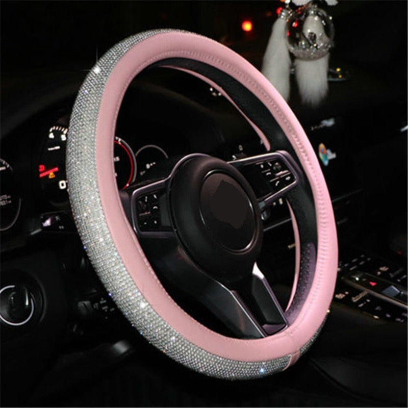 Motocovers New Car Steering Wheel Covers Bling Diamond AntiSlip Suede Steering wheel Cover Universal Protective cover 38CM Pink