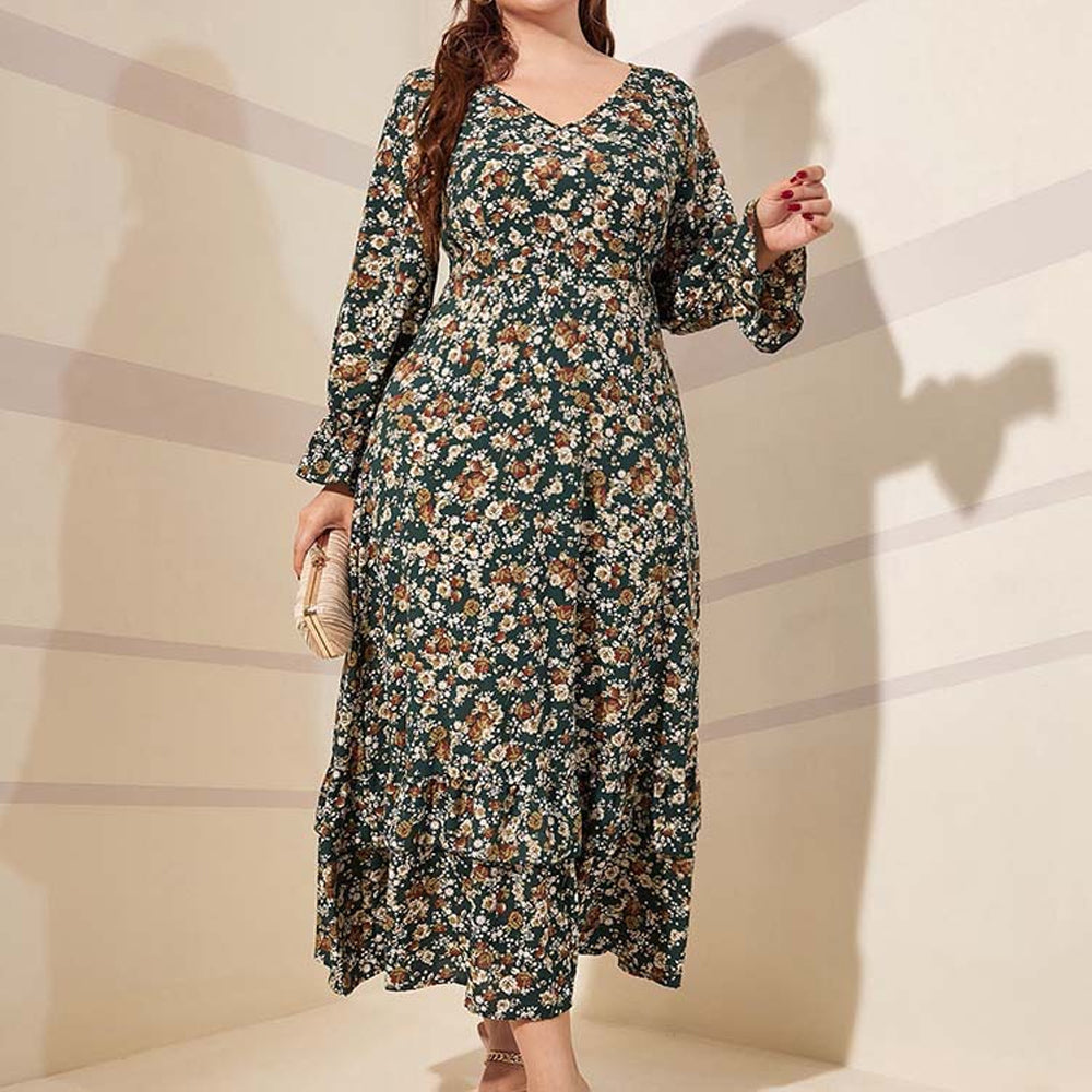 Women Spring/Fall Plus Size Floral Print V-Neck High Waist Long Sleeve Dress JM1069