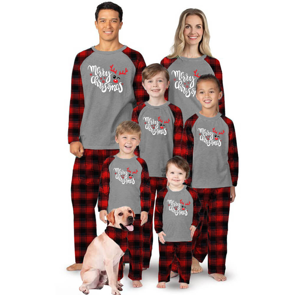 Sale！Merry Christmas Happy Deer Grey Top With Black&Red Plaid Matching Pajamas With Dog Bandana