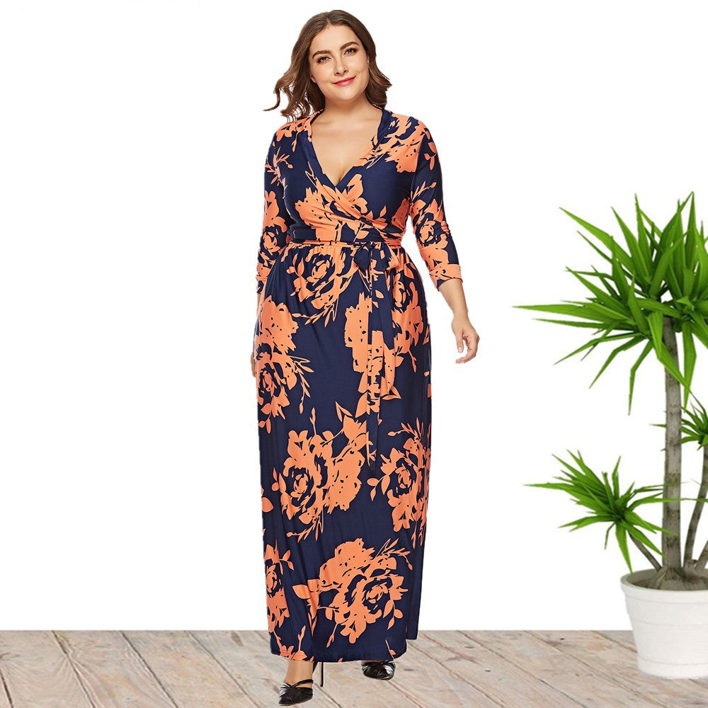 Women's Plus Size Long-Sleeve Fire Print Maxi Wrap Dress SQ0024