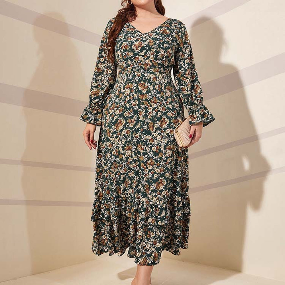Women Spring/Fall Plus Size Floral Print V-Neck High Waist Long Sleeve Dress JM1069
