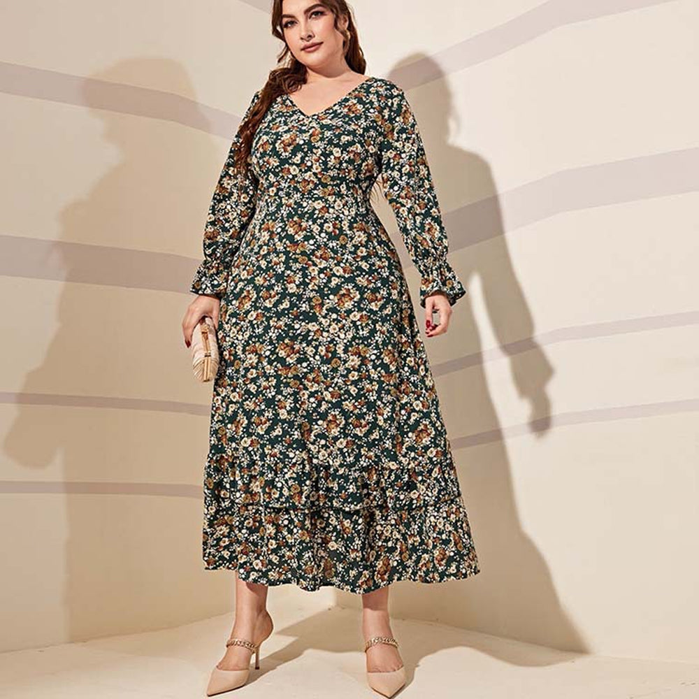 Women Spring/Fall Plus Size Floral Print V-Neck High Waist Long Sleeve Dress JM1069