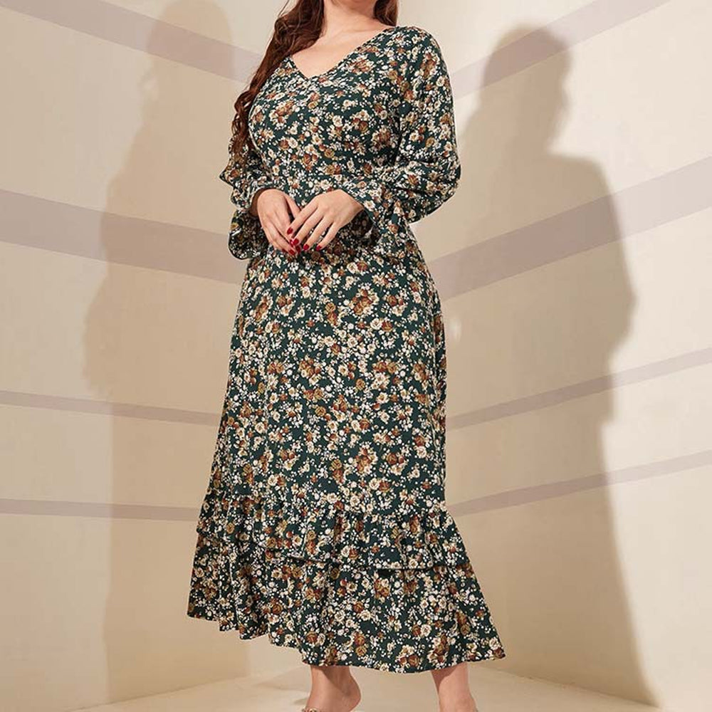 Women Spring/Fall Plus Size Floral Print V-Neck High Waist Long Sleeve Dress JM1069