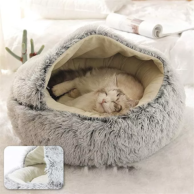 Cat Bed with Hooded Blanket, Round Soft Plush Burrowing Cave Hooded Cat Bed Donut for Small Dogs or Cats, Machine Washable Slip Resistant Bottom,Ultra Soft Plush Cushion
