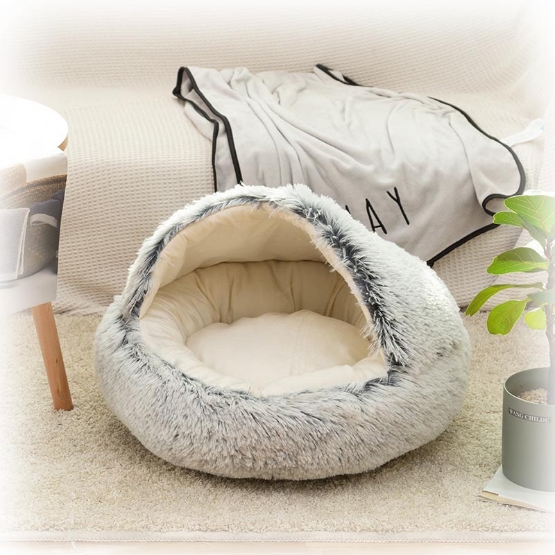 Cat Bed with Hooded Blanket, Round Soft Plush Burrowing Cave Hooded Cat Bed Donut for Small Dogs or Cats, Machine Washable Slip Resistant Bottom,Ultra Soft Plush Cushion