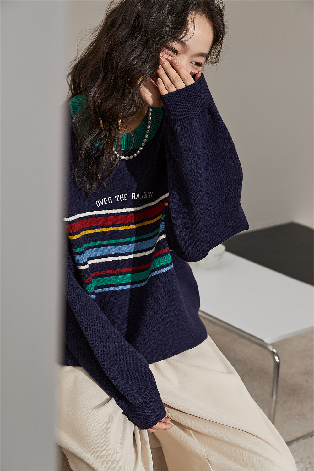 College style color blocking pattern sweater