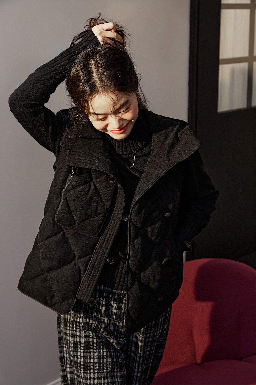 Design black hooded waistcoat cotton jacket