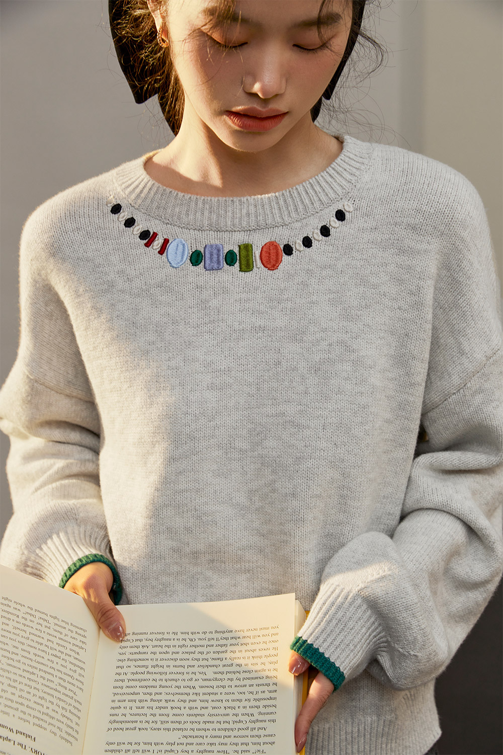Grey Lantern Sleeve Sweater Embroidered Knit Sweater Design Long Sleeve Top
