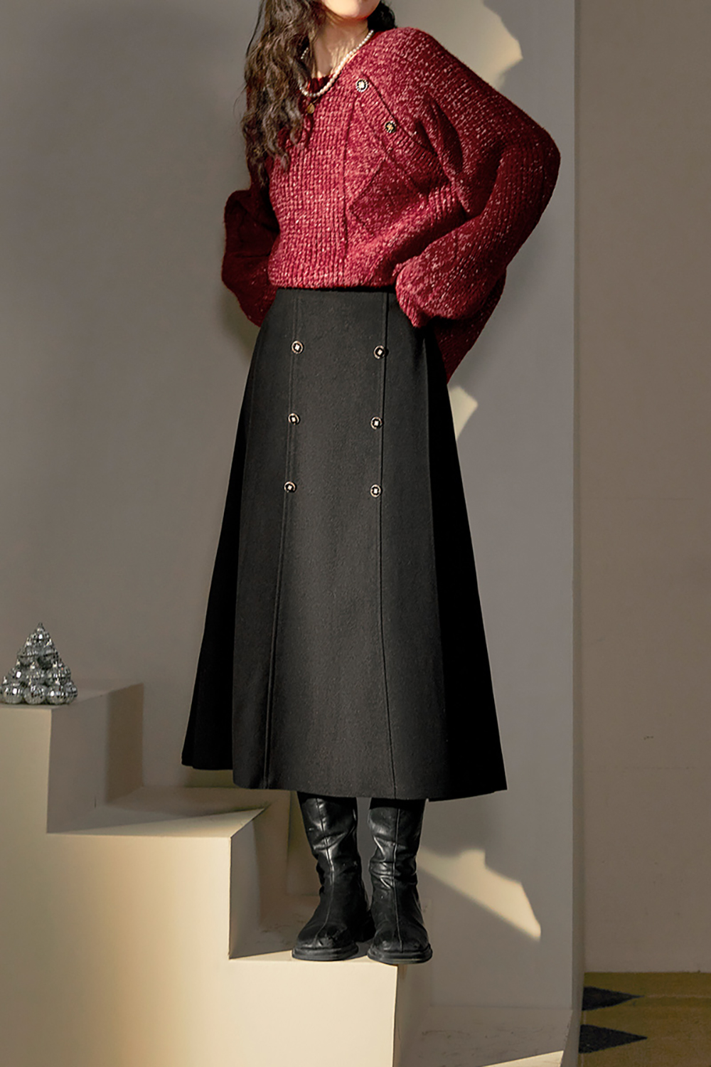 Black tweed pressed pleated loose a-line long skirt