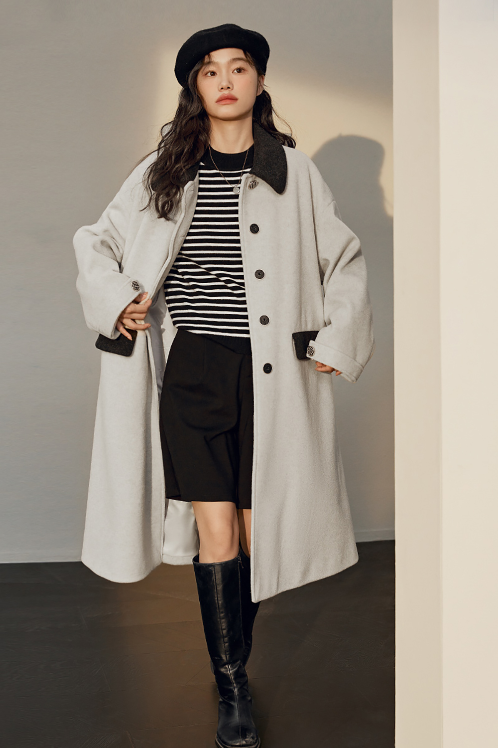 Gray design woolen coat gentle mid-length woolen coat