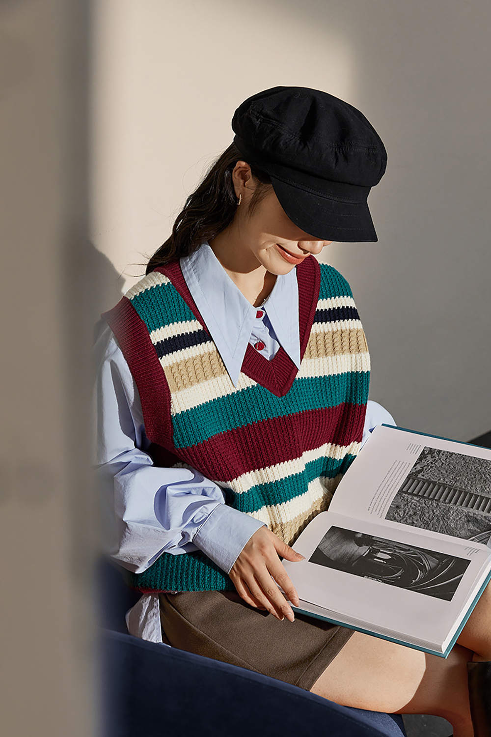 Retro Contrast V-Neck Layered Knit Vest Vest Striped Sweater