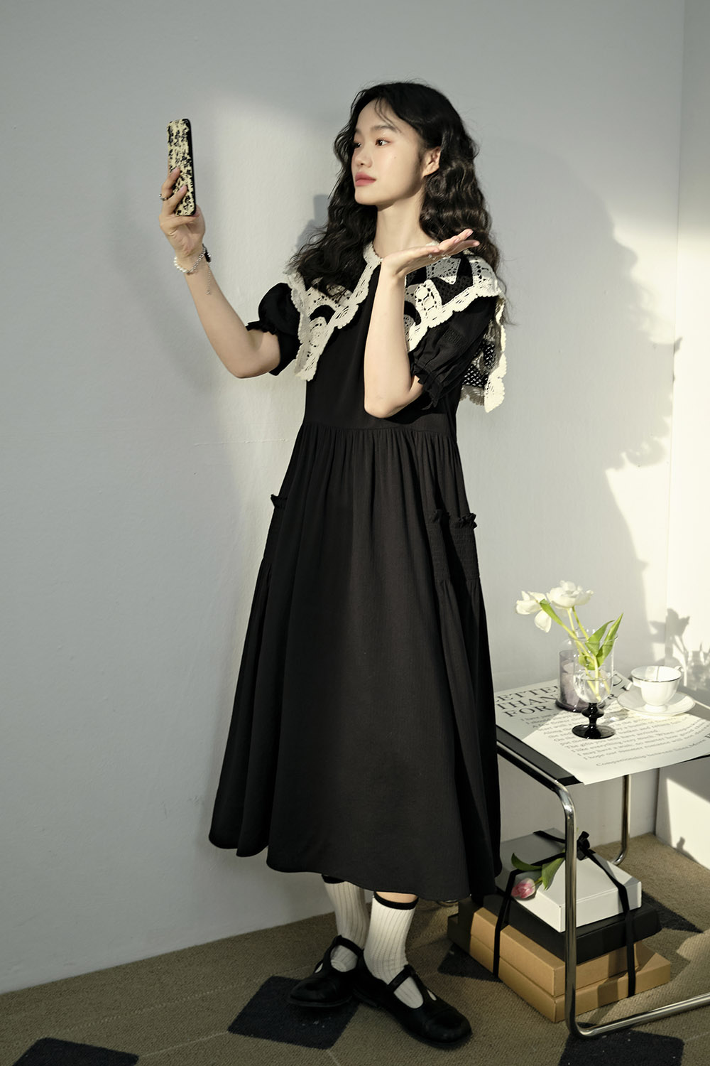 Summer sweet thin black dress design short sleeved dress