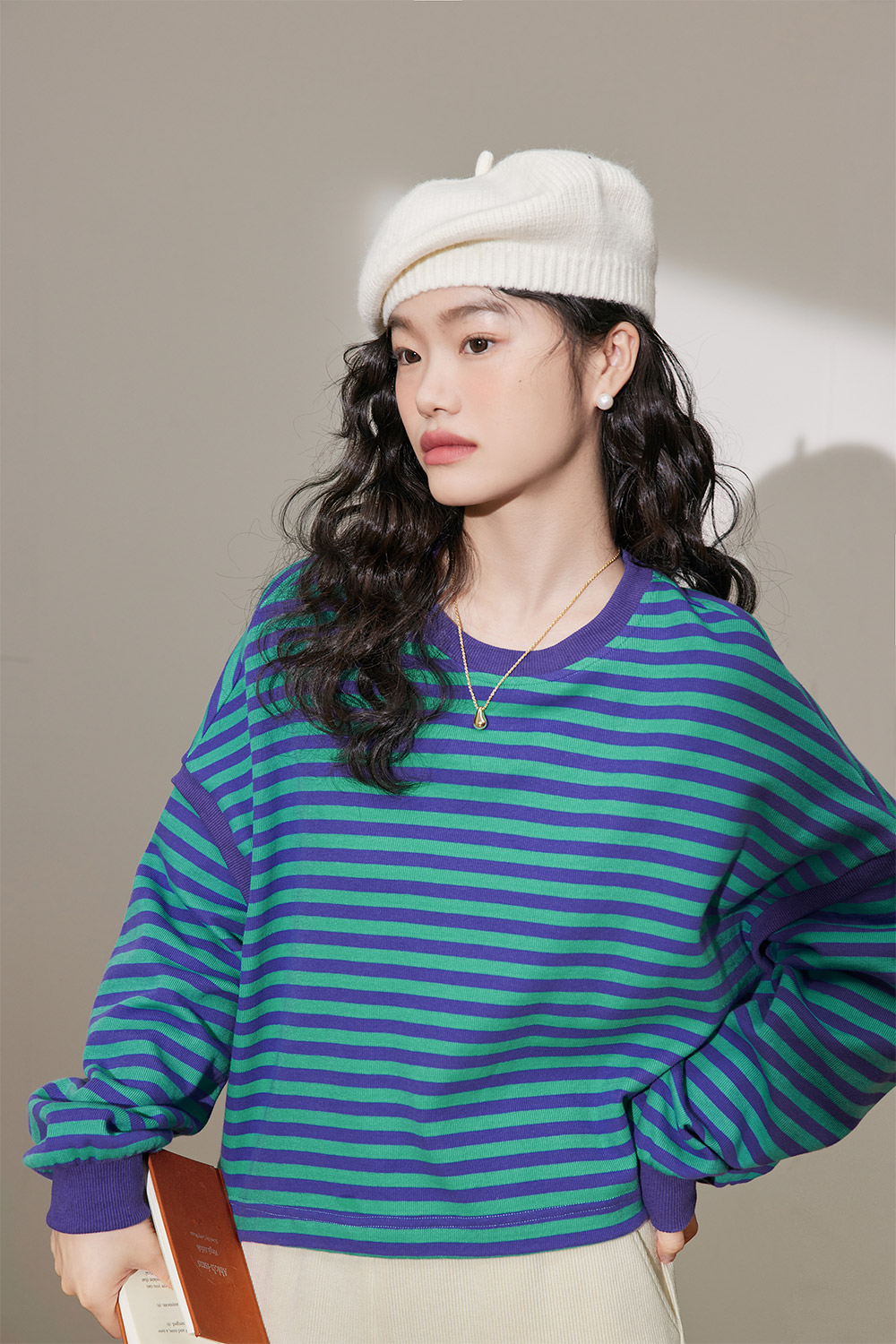 Blue striped round neck hoodless sweatshirt