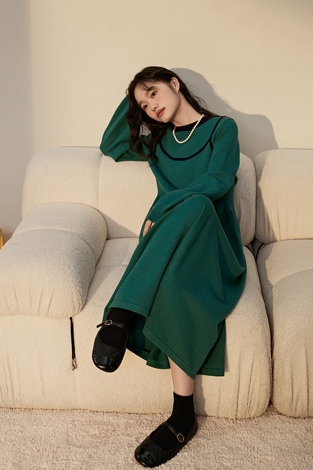 Fake two pieces green woolen dress