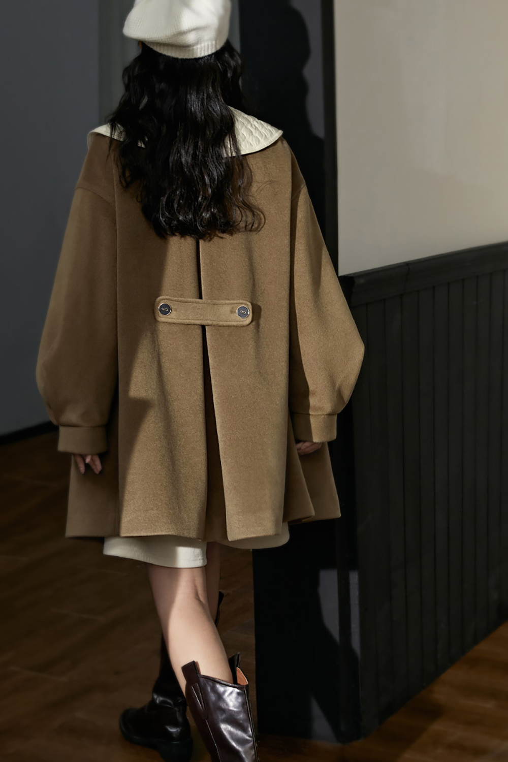 Doll Collar Woolen Jacket Khaki Puff Sleeve Mid-Length Coat