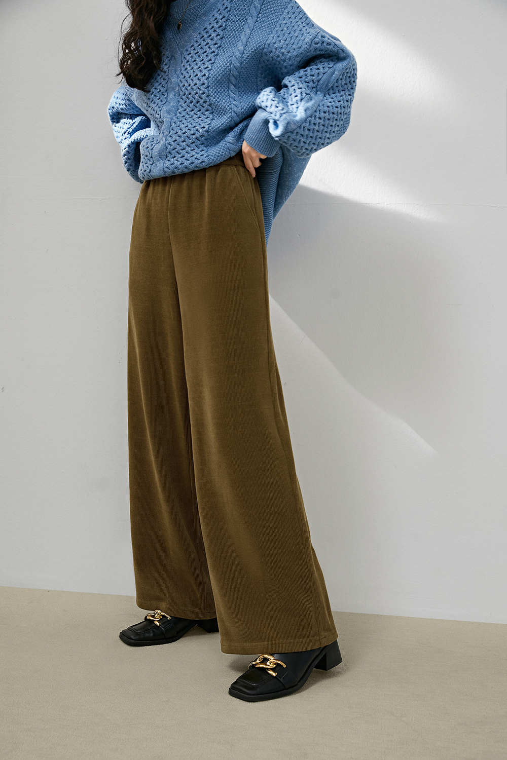 Beige corduroy casual pants autumn and winter straight tube loose black long pants