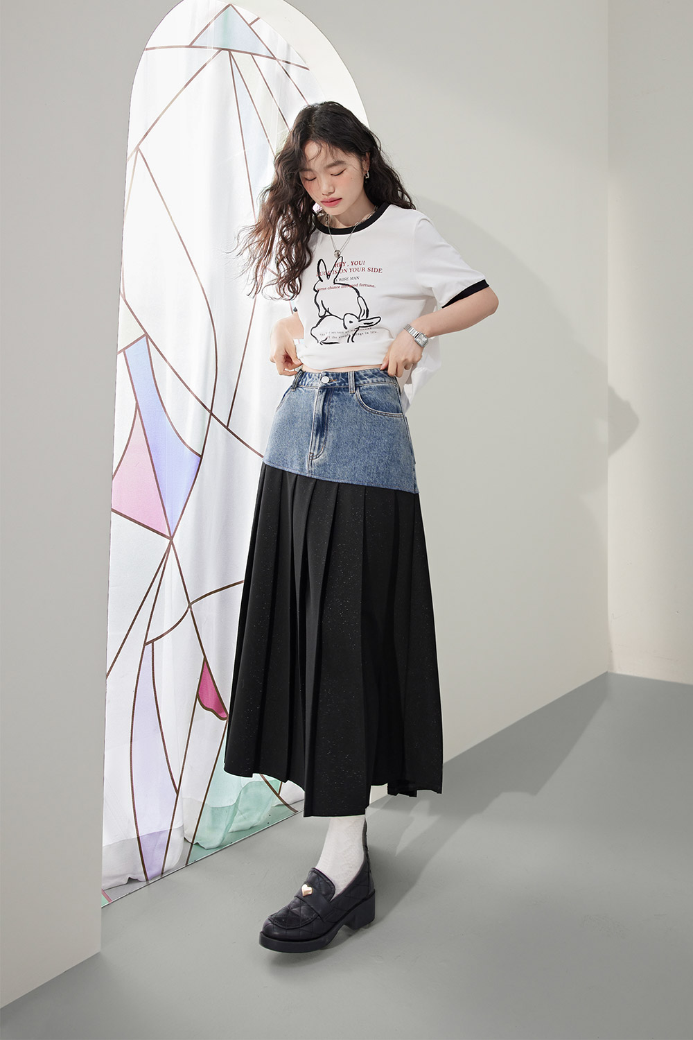Patchwork denim pleated skirt
