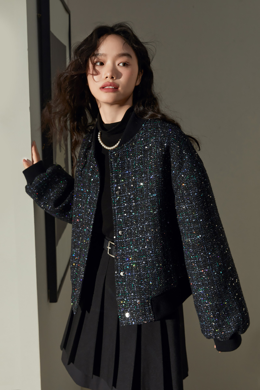 Quilted baseball jersey sequined jacket