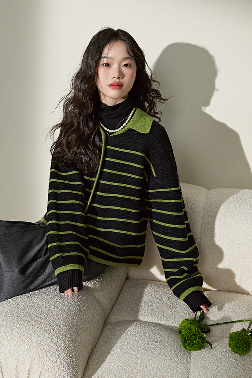 Pre sale-Mustard Green Striped Sweater Jacket Lapel Cropped Loose Knit Cardigan