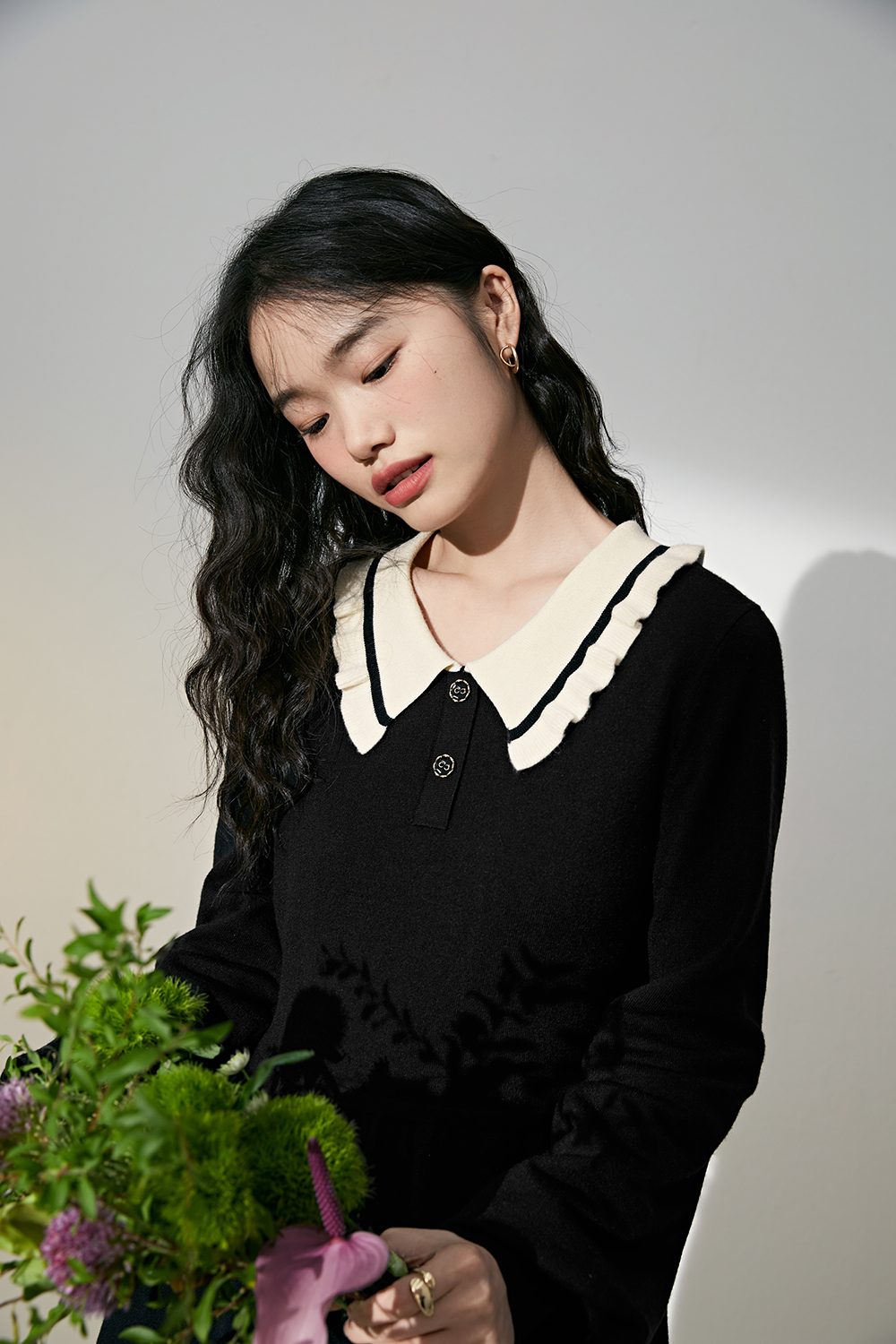 Color Contrast Collar Autumn Winter WomenKnit Black Dress With Ruffle