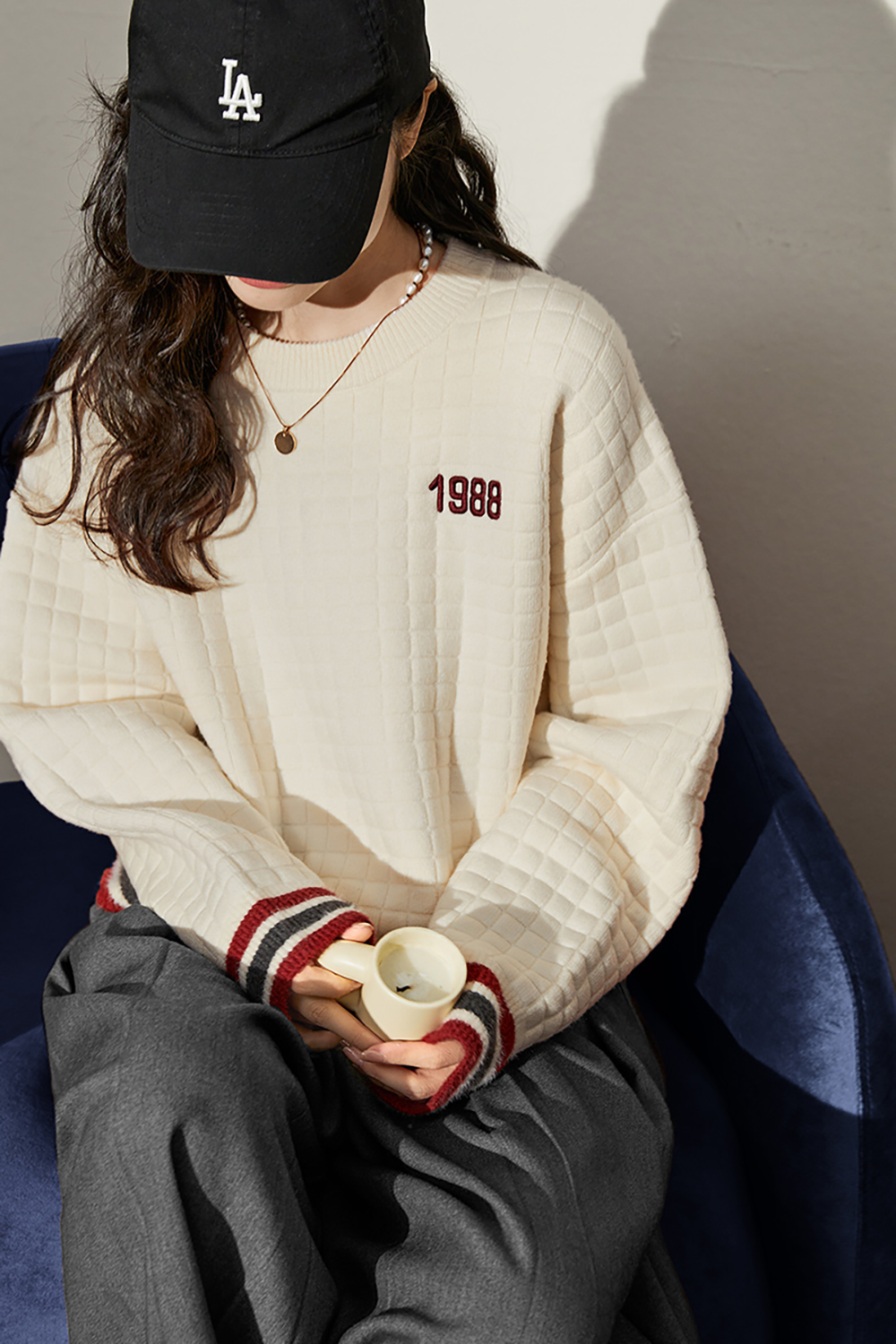 Waffle soft embroidery autumn and winter white sweater