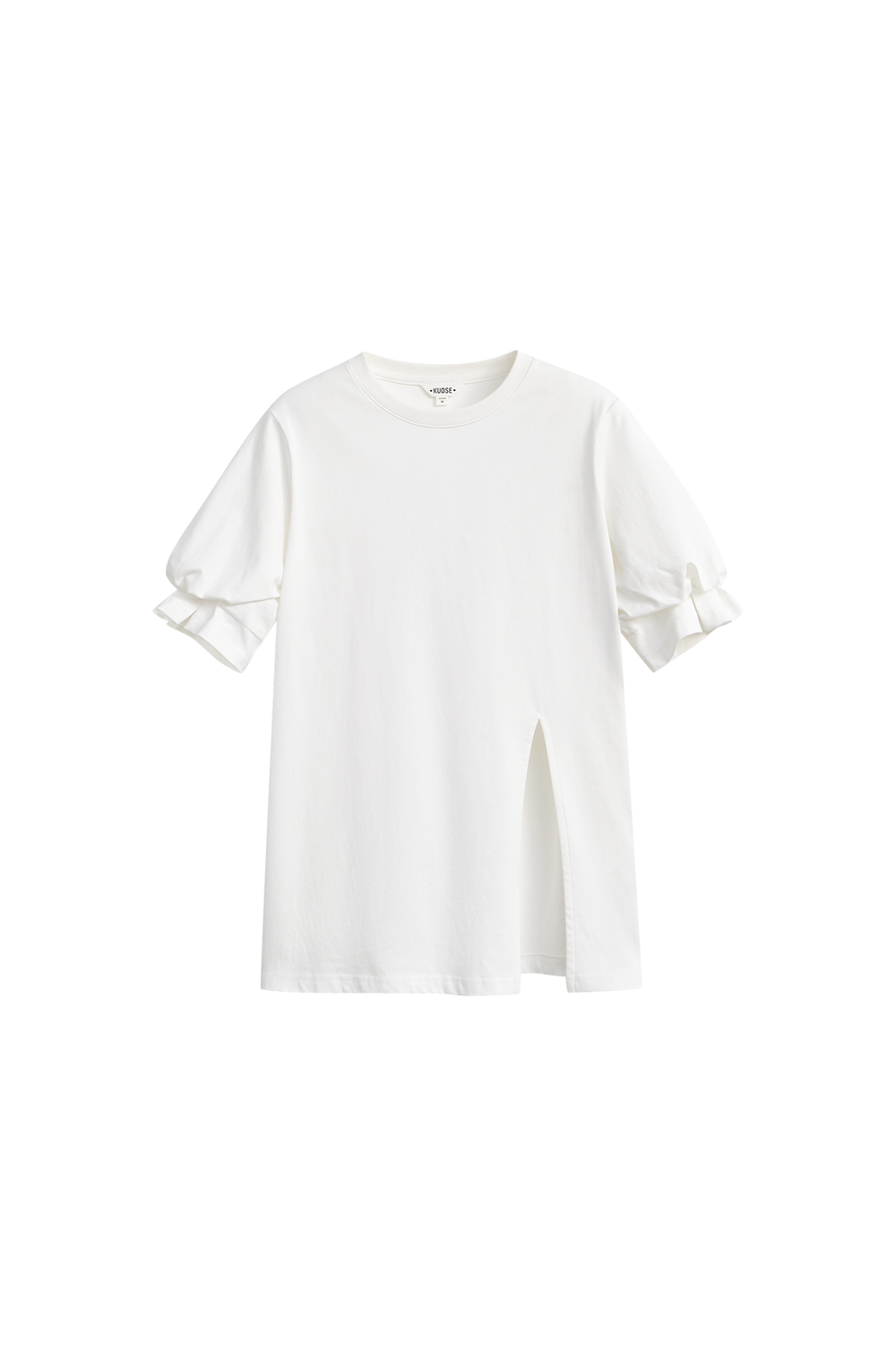 Spring Summer lantern sleeves round neck white t-shirt niche split top