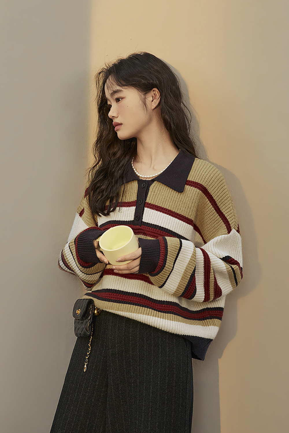 polo collar striped sweater fall and winter vintage knitwear
